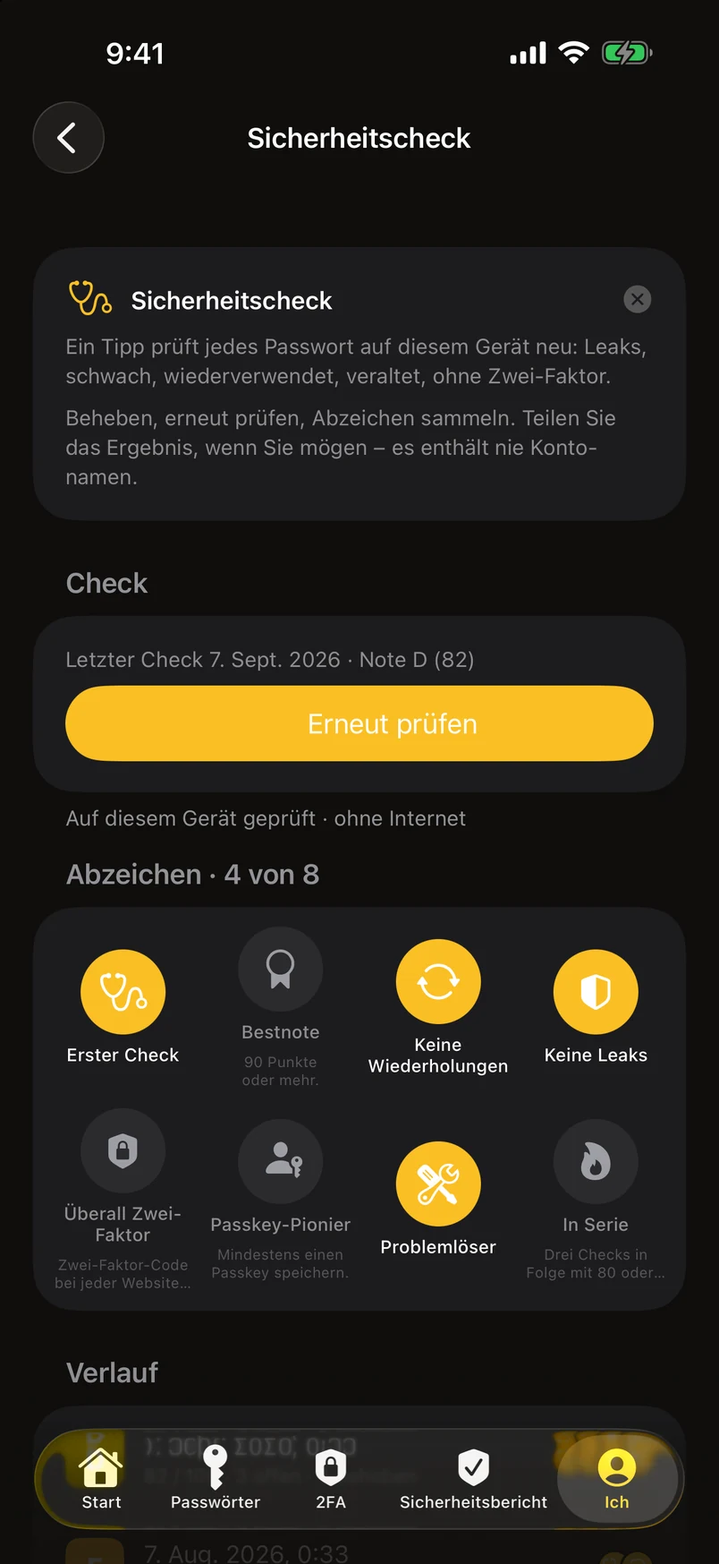 Sicherheitscheck: Abzeichen und Verlauf