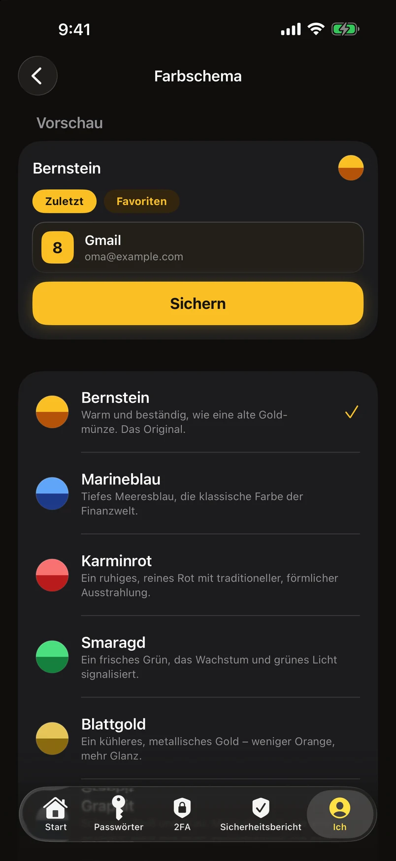 Farbschemata: eine Liste mit elf – antippen, und die App wechselt sofort