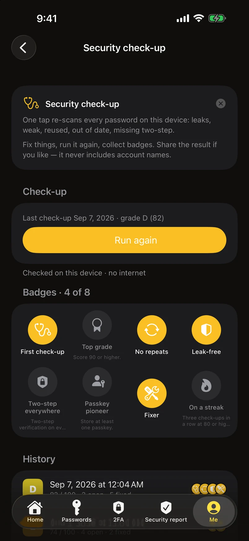 Security check-up: badges and history