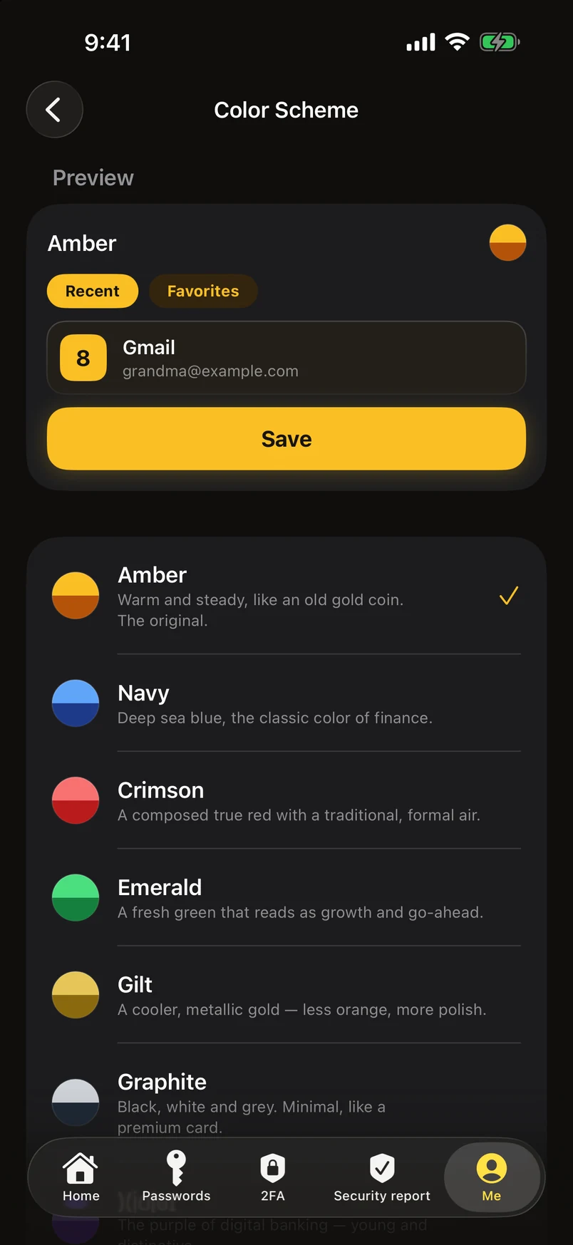 Color schemes: a list of eleven, tap one and the app changes on the spot