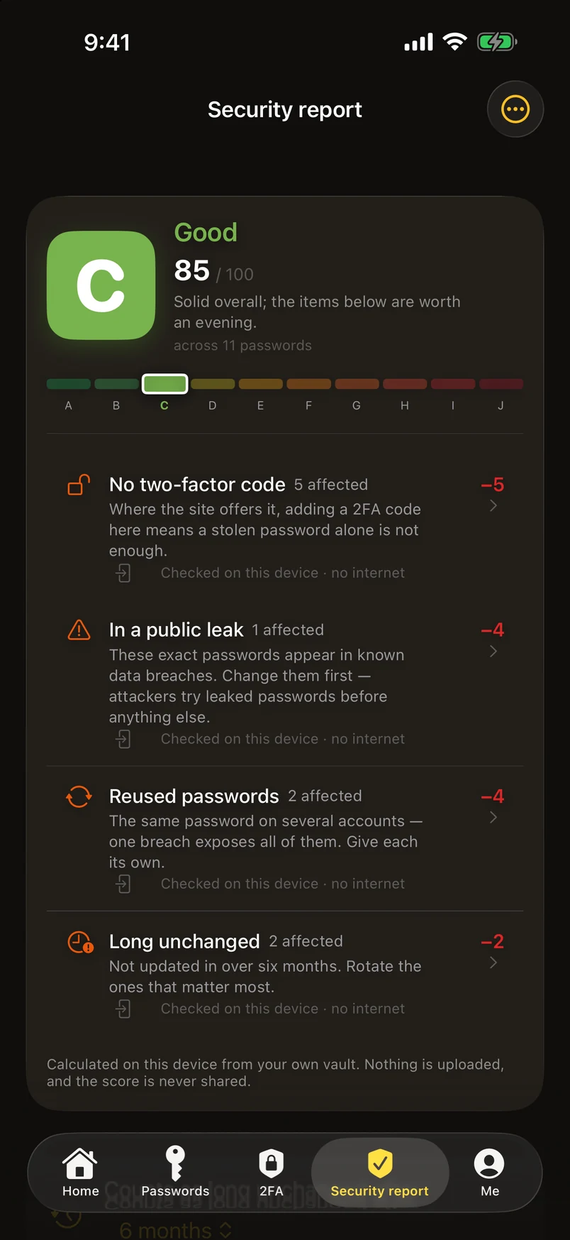 Security report: A–J grade, with every deduction listed