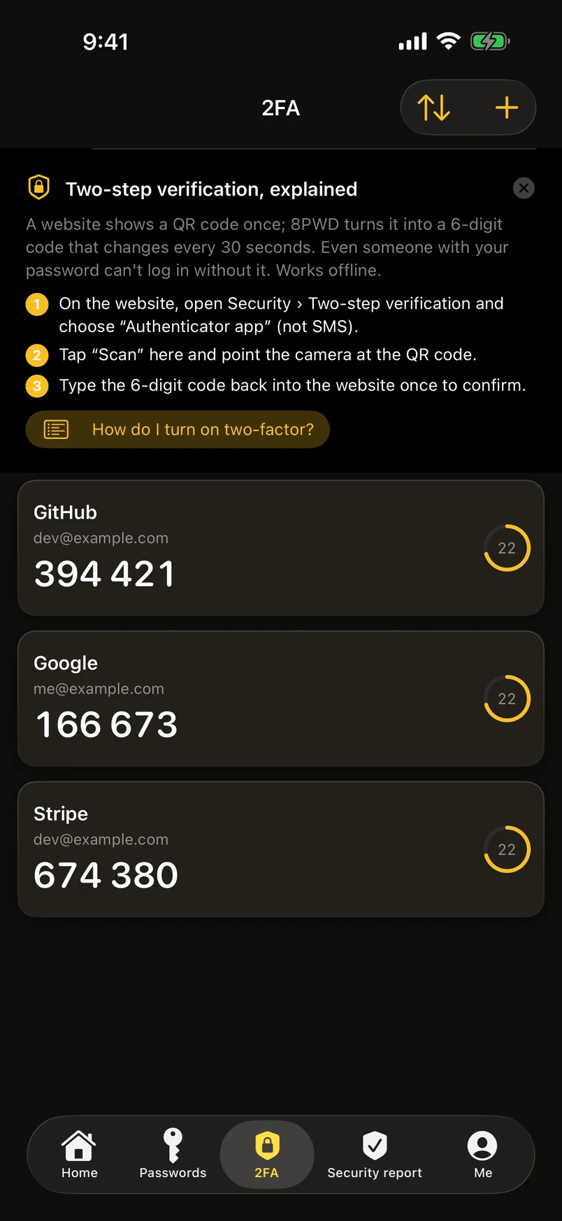 Two-factor codes, generated on device