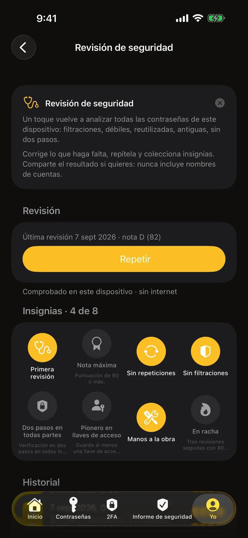 Revisión de seguridad: insignias e historial
