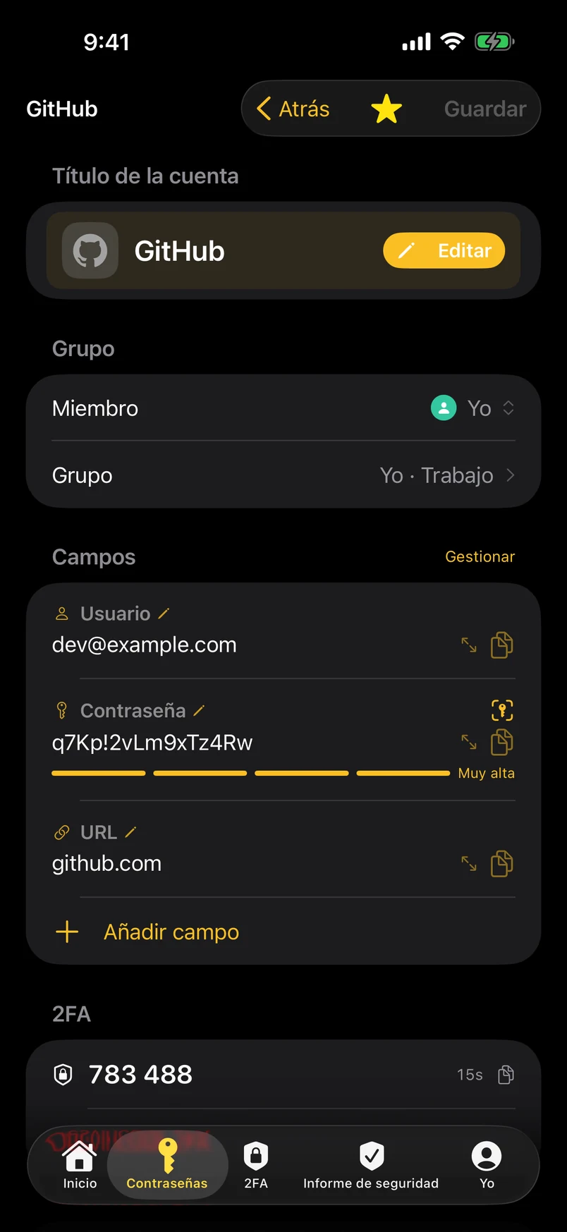 Detalle: miembro, grupo, cada título de campo editable