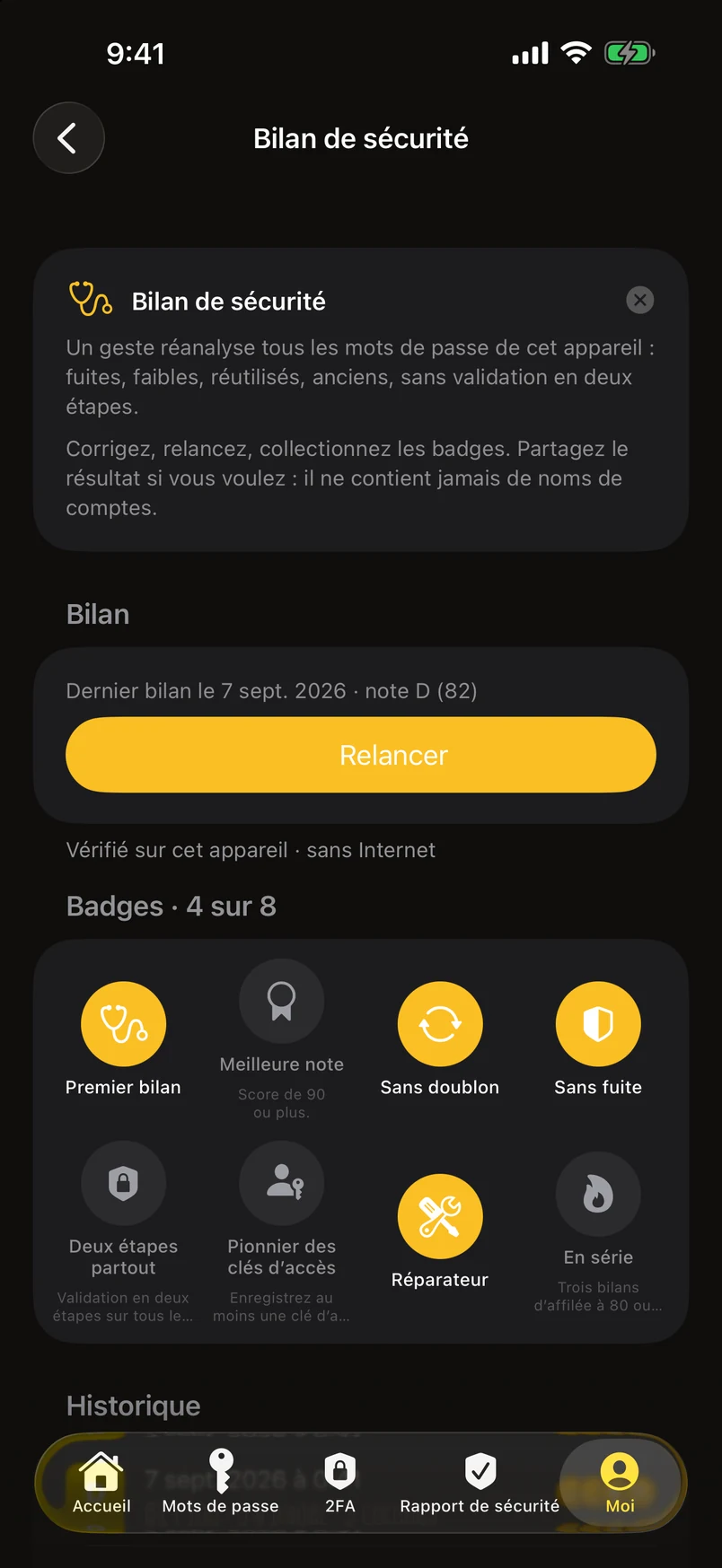 Bilan de sécurité : badges et historique