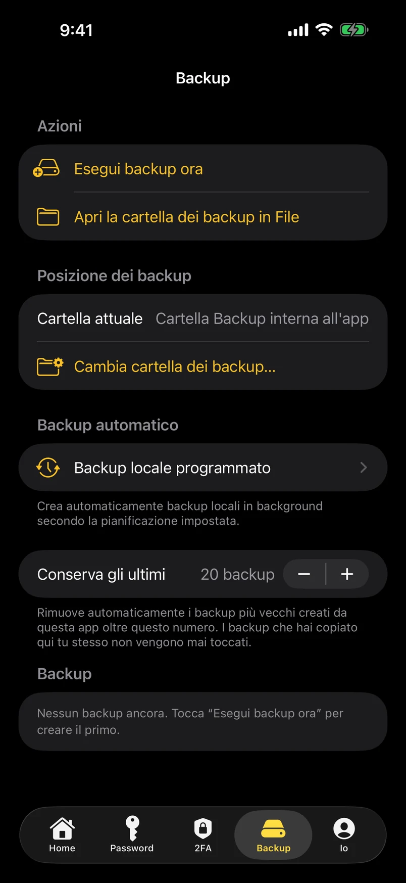 Backup ed esportazioni