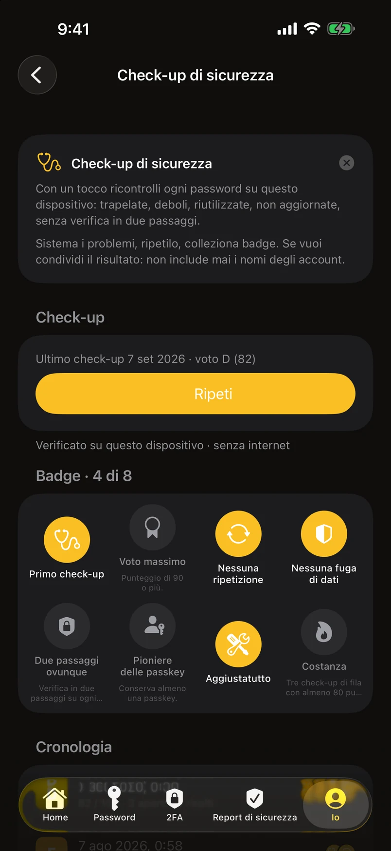 Check-up di sicurezza: badge e cronologia