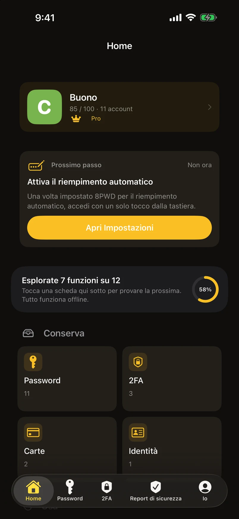 Il pannello Home