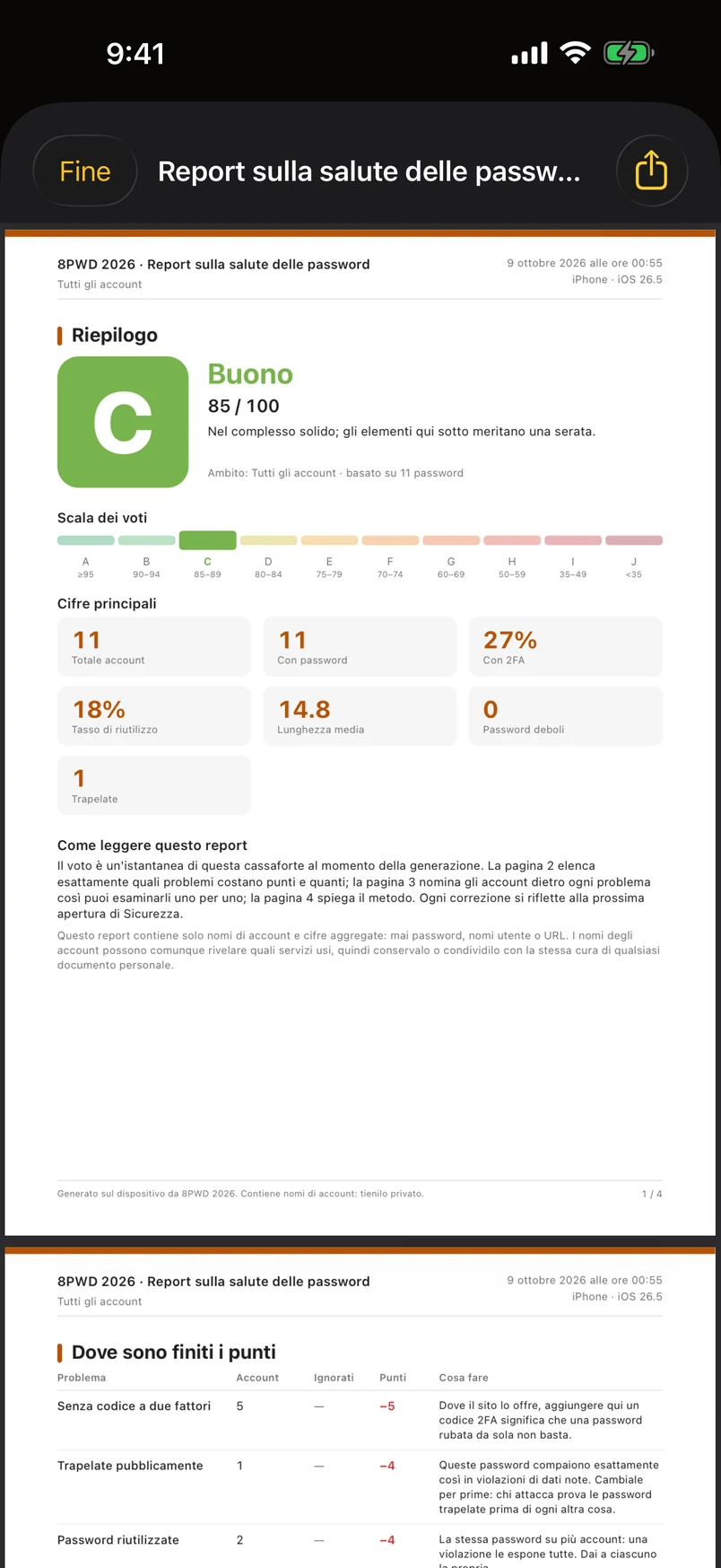 Il report statistico delle password in PDF di quattro pagine