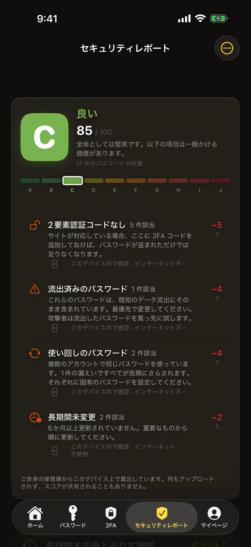 セキュリティレポート：A〜J の評価と、すべての減点の内訳