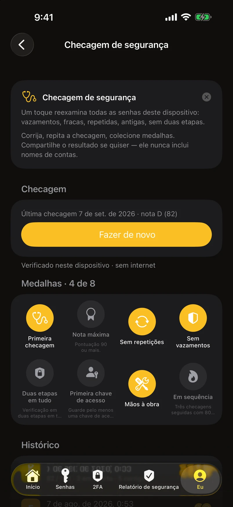Checagem de segurança: medalhas e histórico
