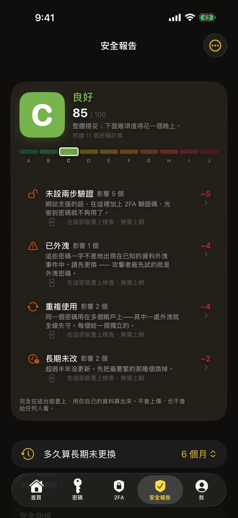 安全報告：A–J 等級，逐項列出扣在哪裡
