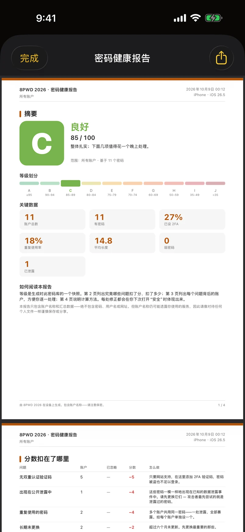 四页的 PDF 密码统计报告
