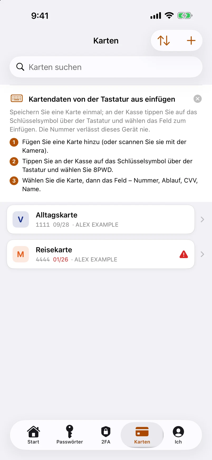 Bankkarten: scannen, prüfen, von der Tastatur aus ausfüllen