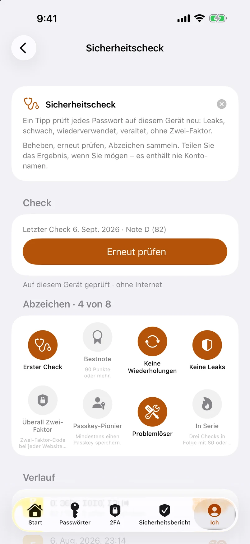 Sicherheitscheck: Abzeichen und Verlauf