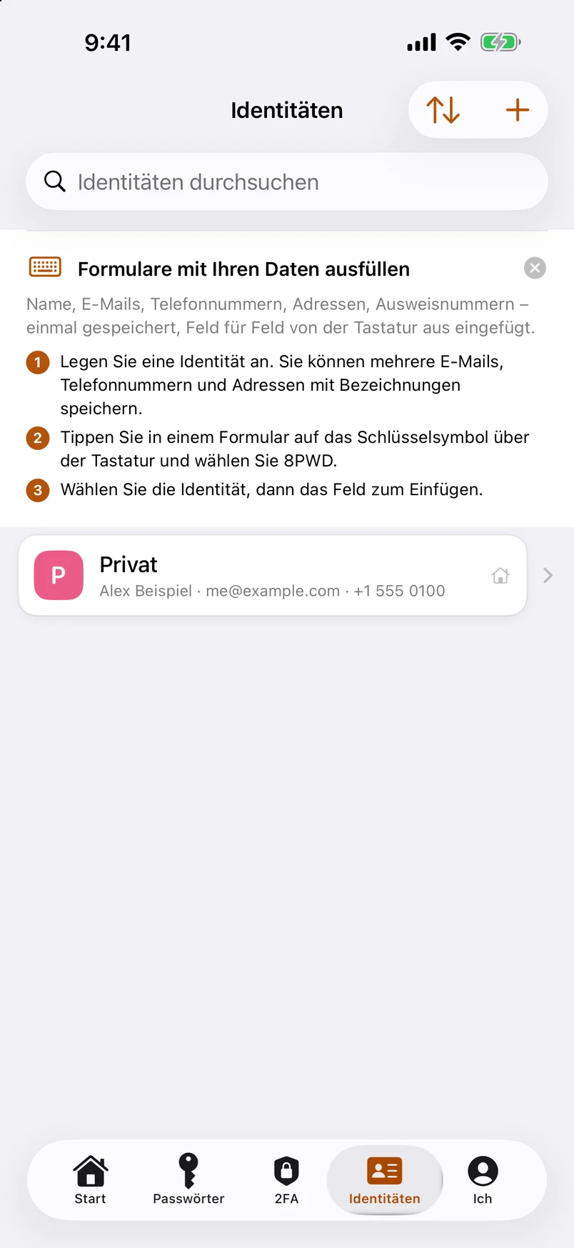 Identitäten: mehrere E-Mail-Adressen, Telefonnummern, Adressen und Dokumente