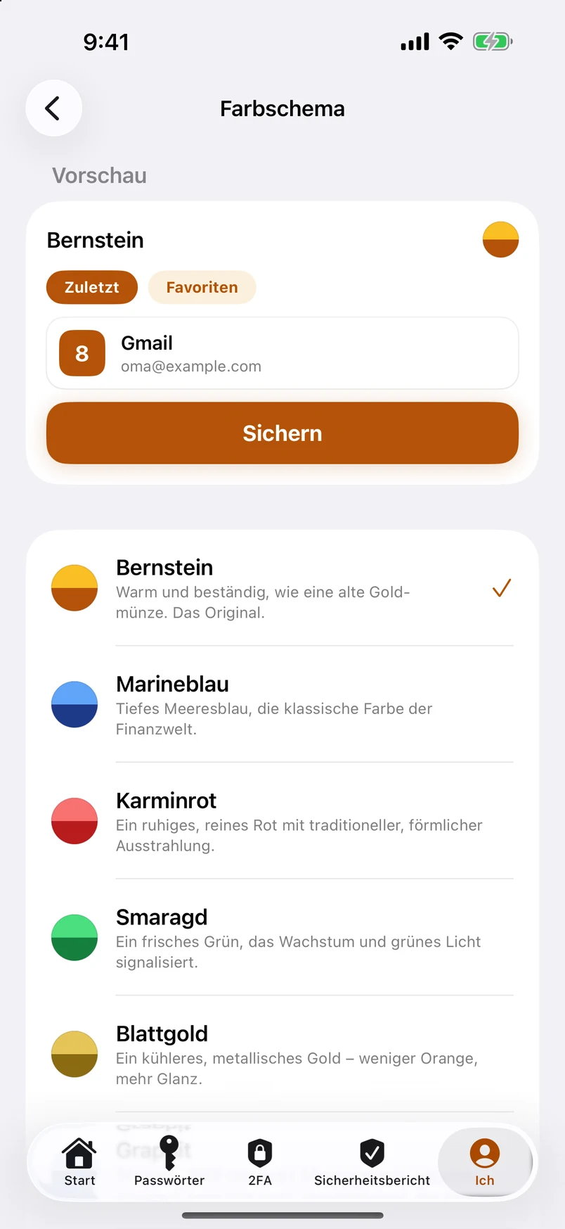 Farbschemata: eine Liste mit elf – antippen, und die App wechselt sofort