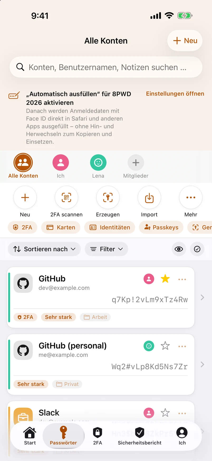 Die Liste: Marken-Icons, Stärke, Zwei-Faktor-Kennzeichen
