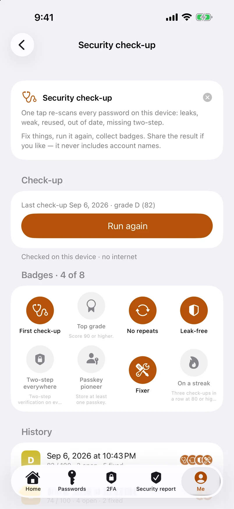 Security check-up: badges and history