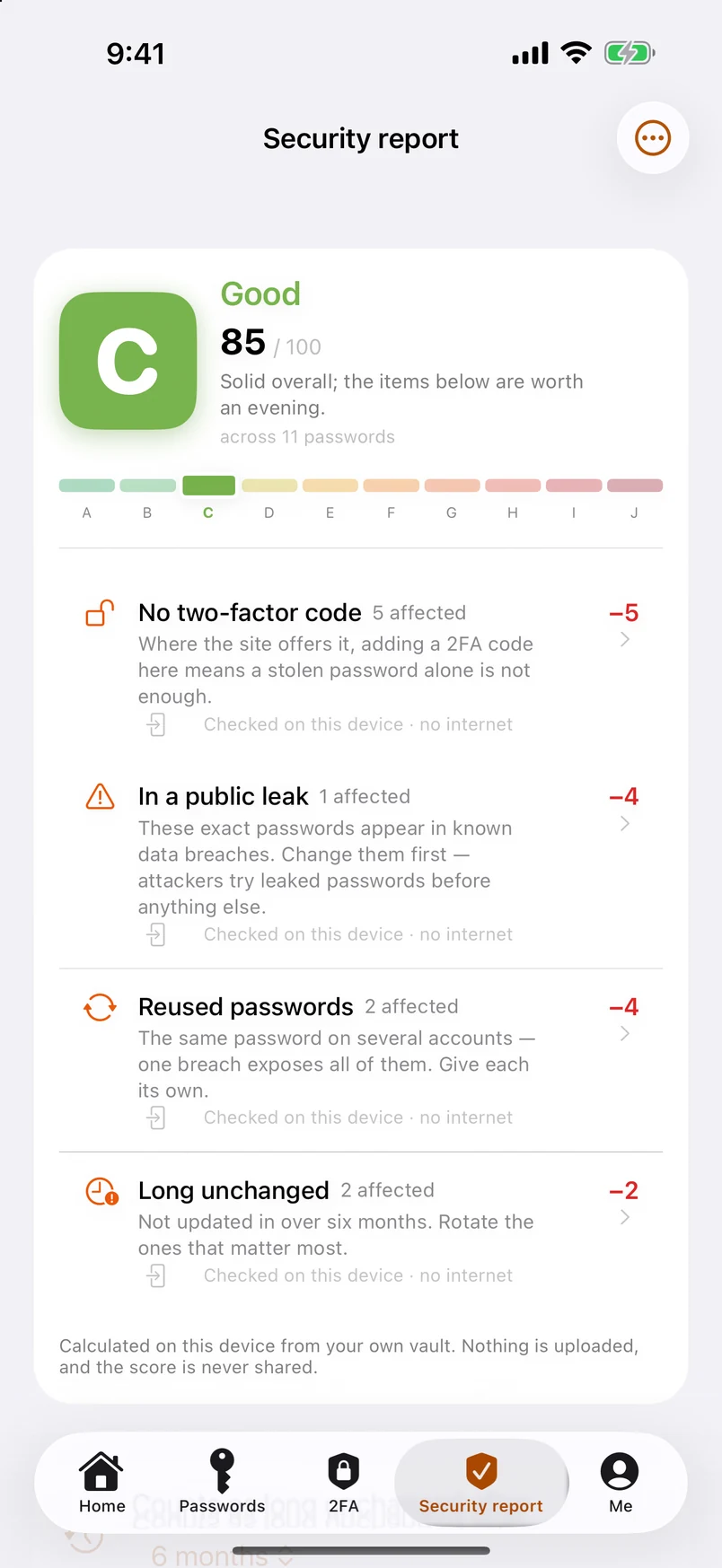 Security report: A–J grade, with every deduction listed
