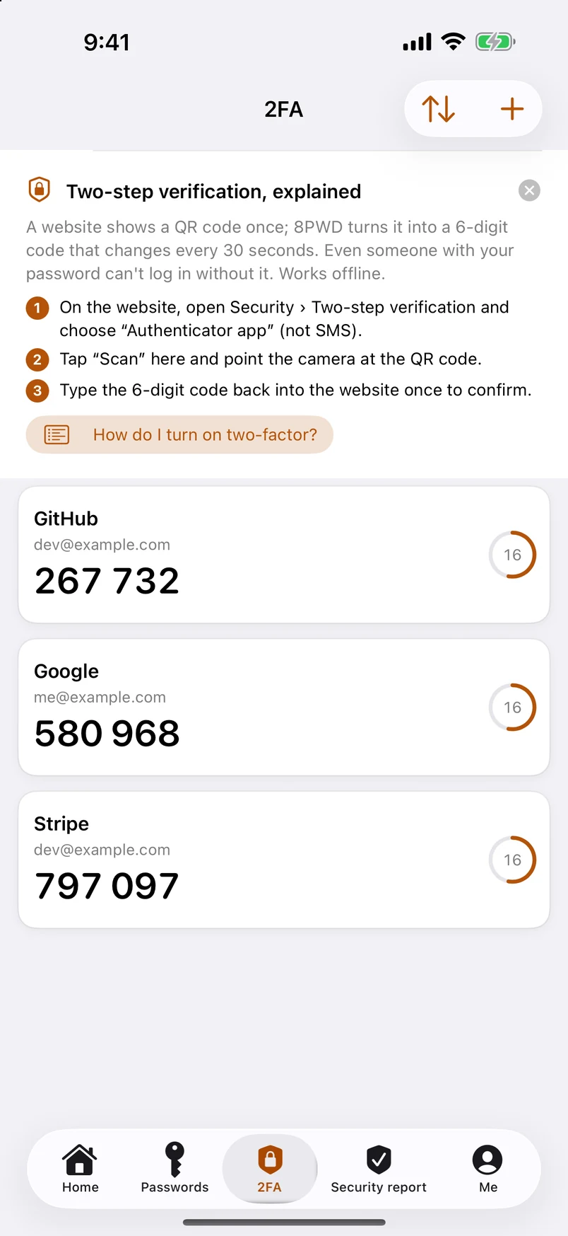 Two-factor codes, generated on device