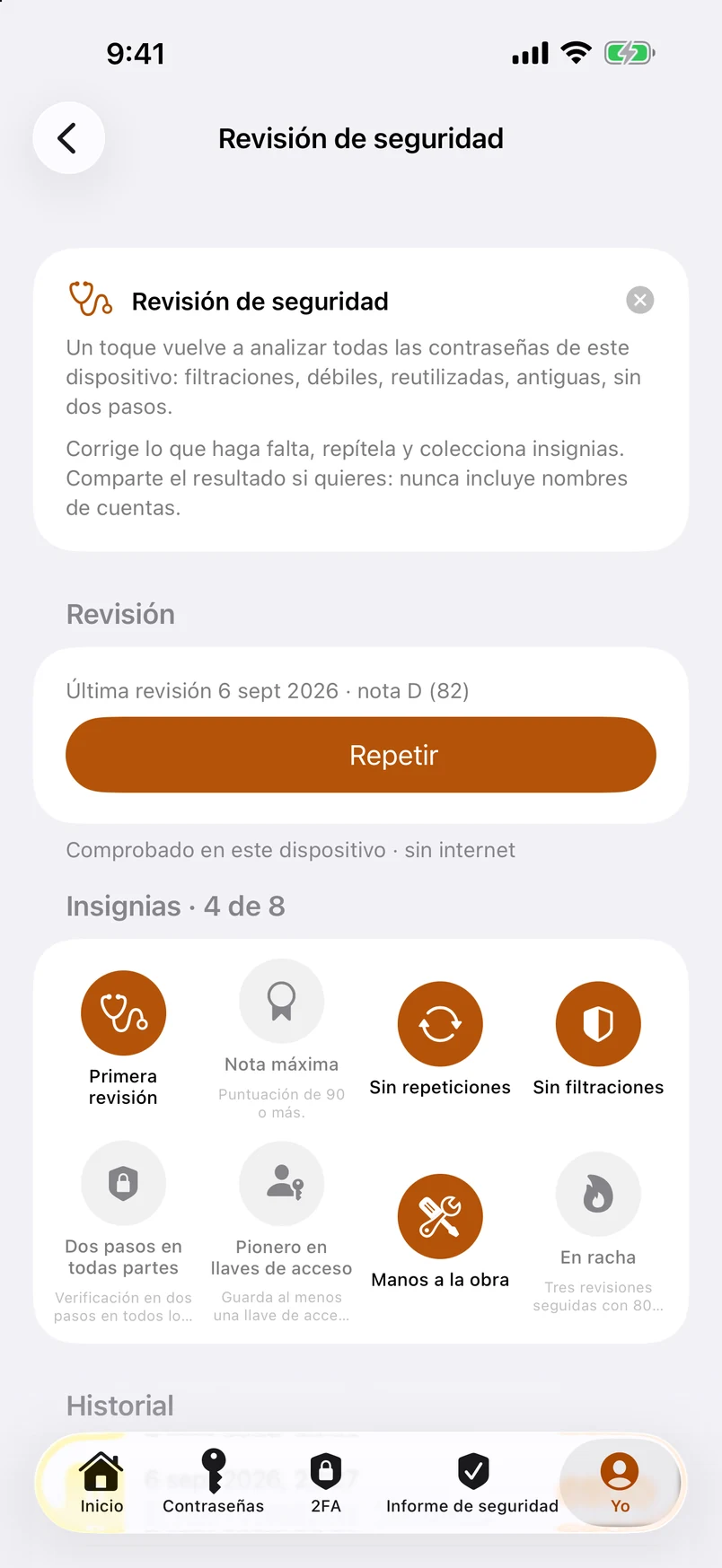 Revisión de seguridad: insignias e historial