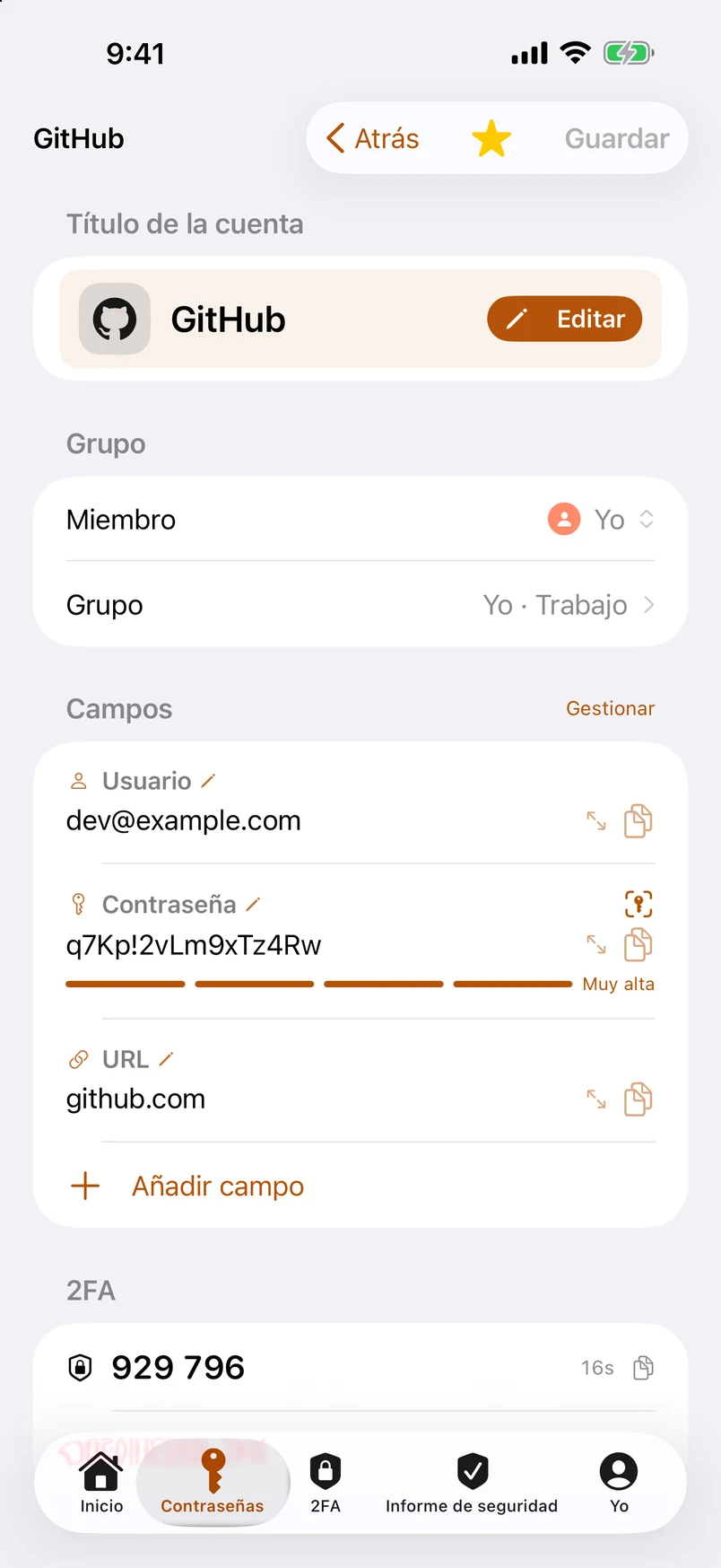 Detalle: miembro, grupo, cada título de campo editable