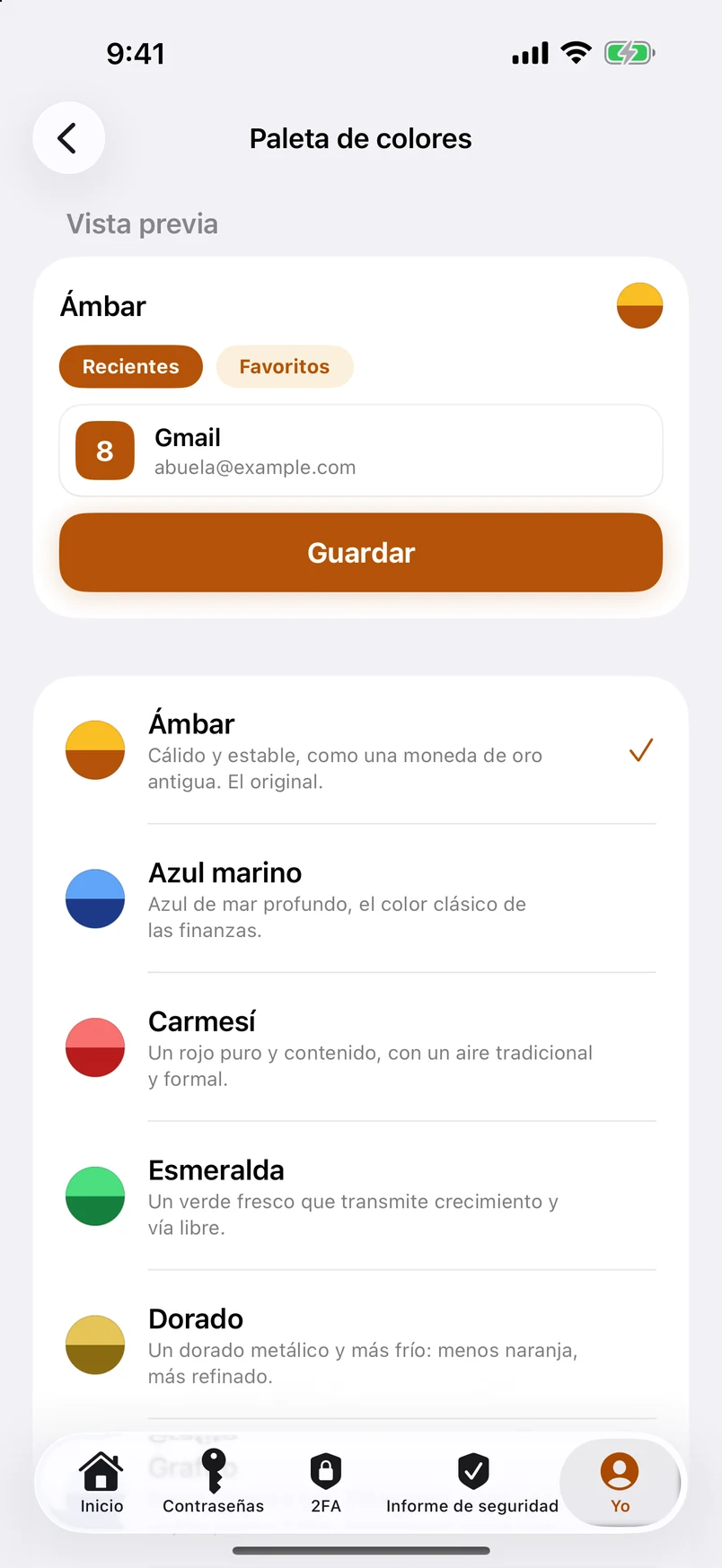 Paletas de colores: una lista de once; toca una y la app cambia en el momento
