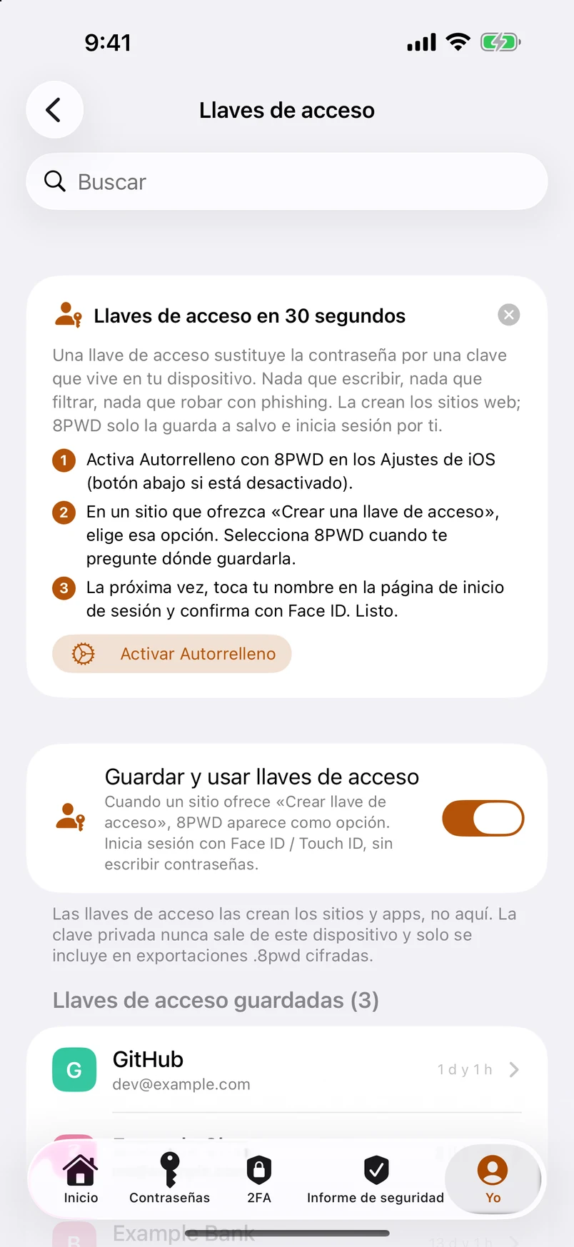 Llaves de acceso: creadas aquí, guardadas aquí
