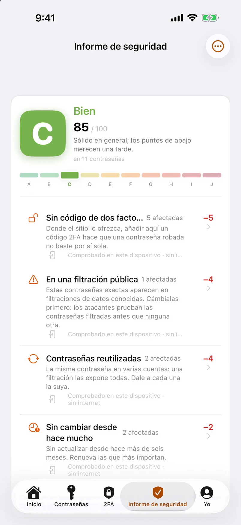 Informe de seguridad: nota de la A a la J, con cada deducción detallada