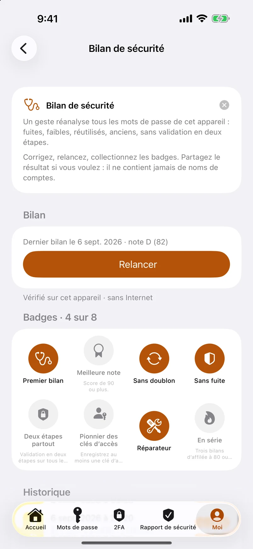 Bilan de sécurité : badges et historique