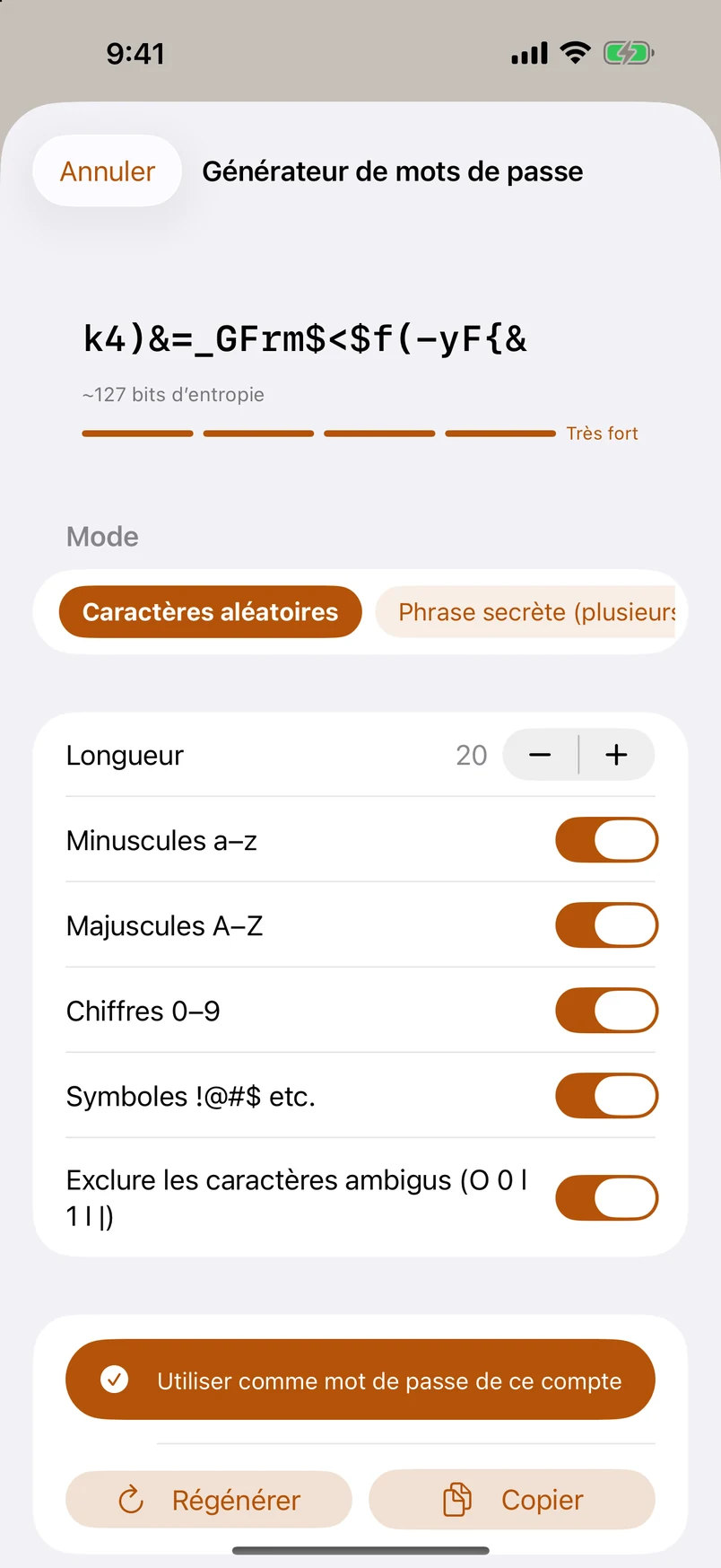 Quatre types de mots de passe générés