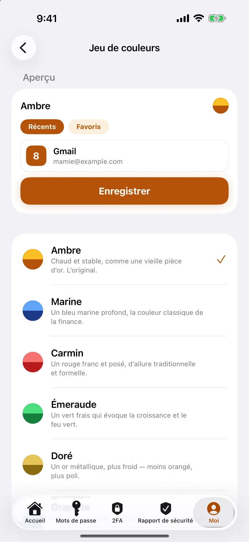 Jeux de couleurs : une liste de onze, touchez-en un et l’app change sur-le-champ