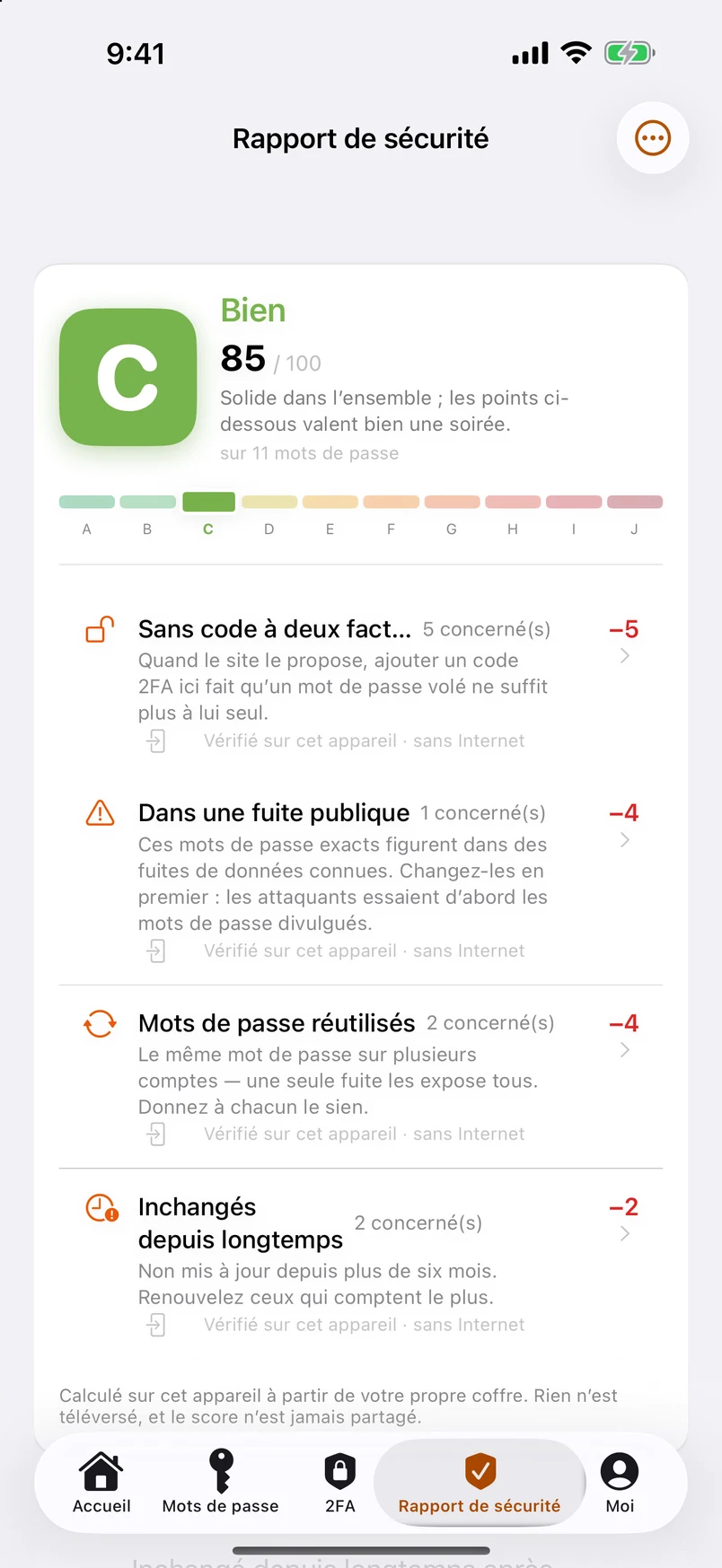 Rapport de sécurité : note A–J, avec chaque retrait de points détaillé