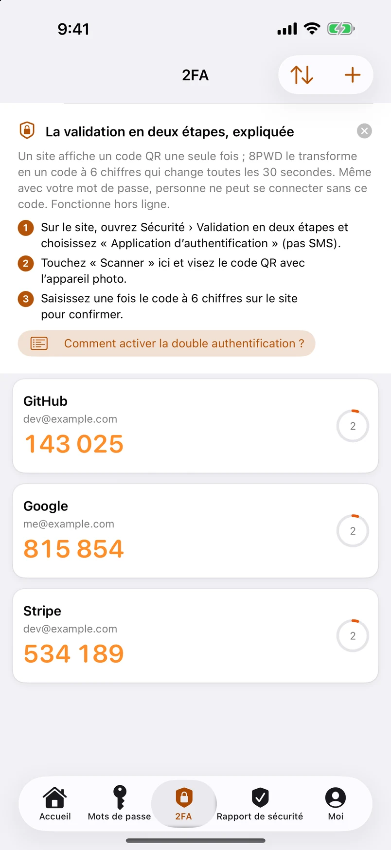 Codes à deux facteurs, générés sur l’appareil