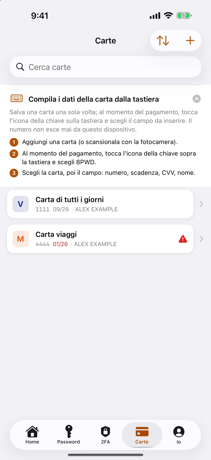 Carte bancarie: scansiona, controlla, compila dalla tastiera