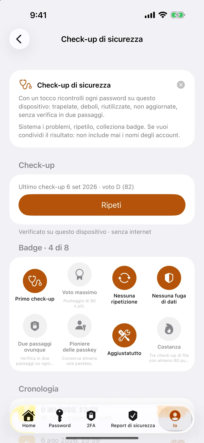 Check-up di sicurezza: badge e cronologia