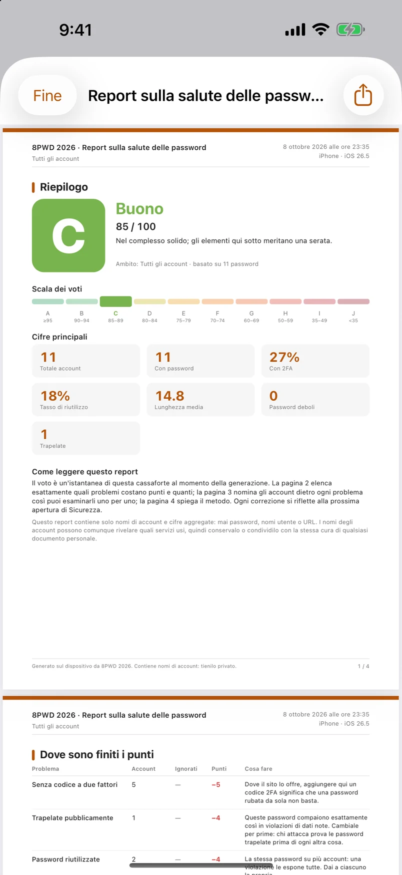 Il report statistico delle password in PDF di quattro pagine