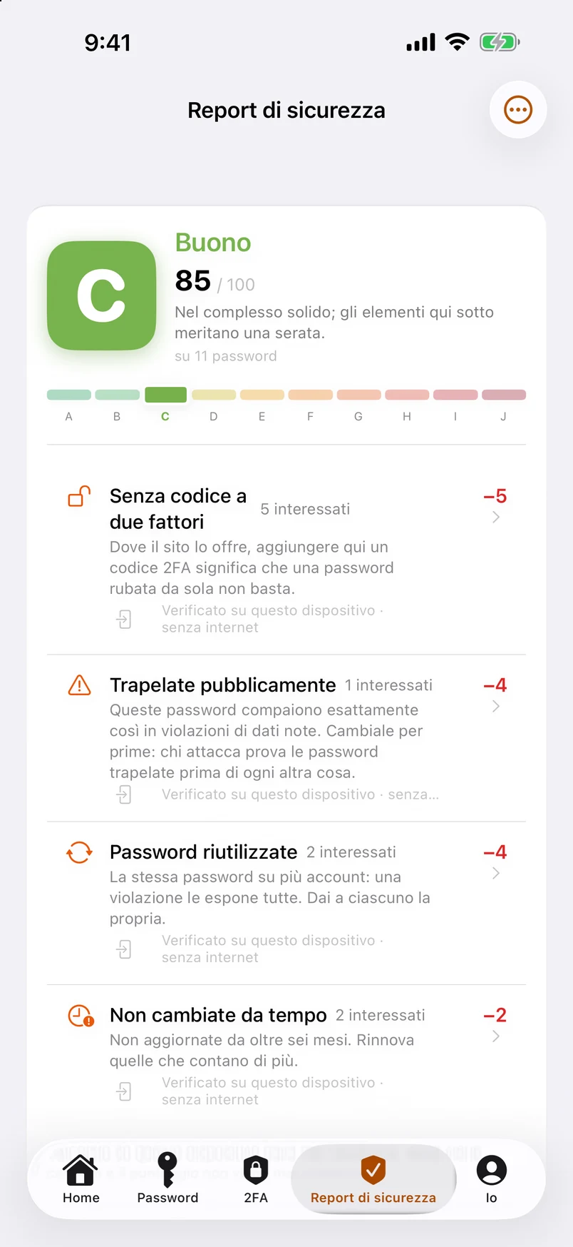 Report di sicurezza: voto A–J, con ogni detrazione elencata