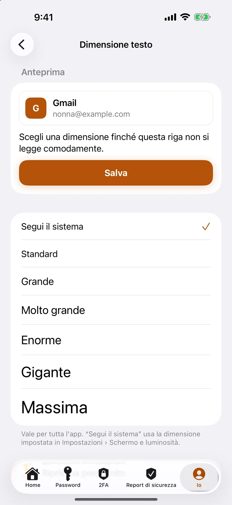 Dimensione del testo per tutta l'app