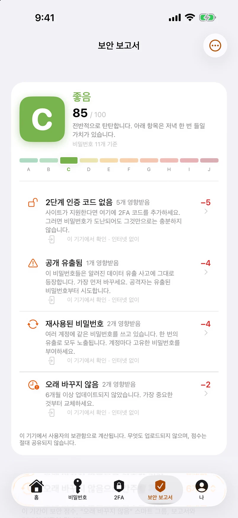 보안 보고서: A–J 등급과 모든 감점 항목