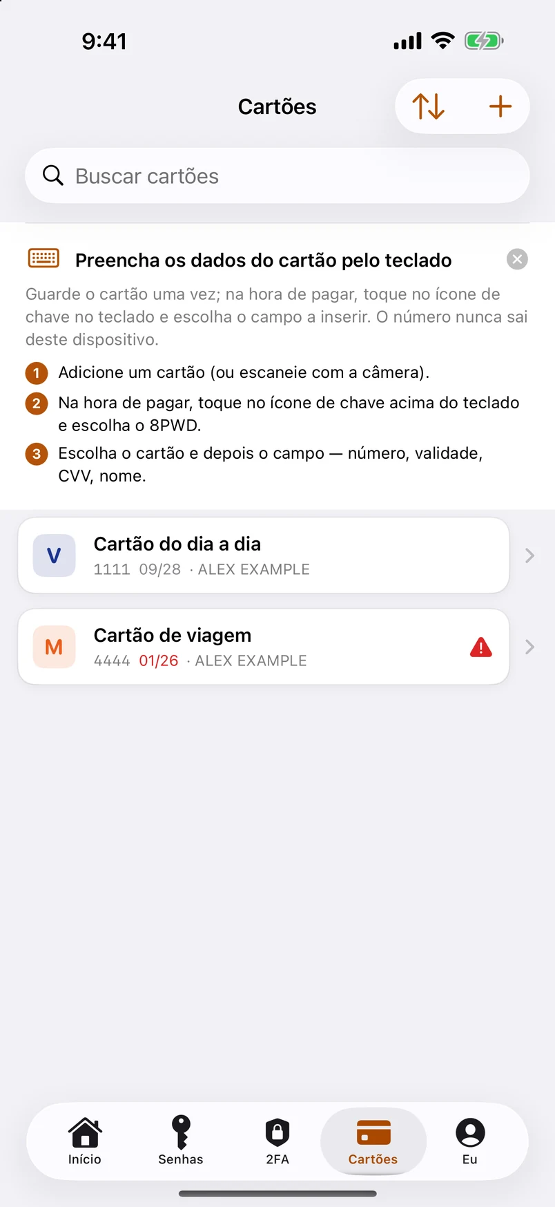 Cartões bancários: escanear, conferir, preencher pelo teclado