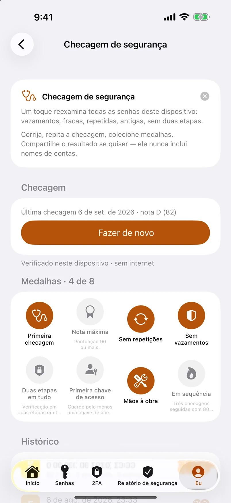 Checagem de segurança: medalhas e histórico