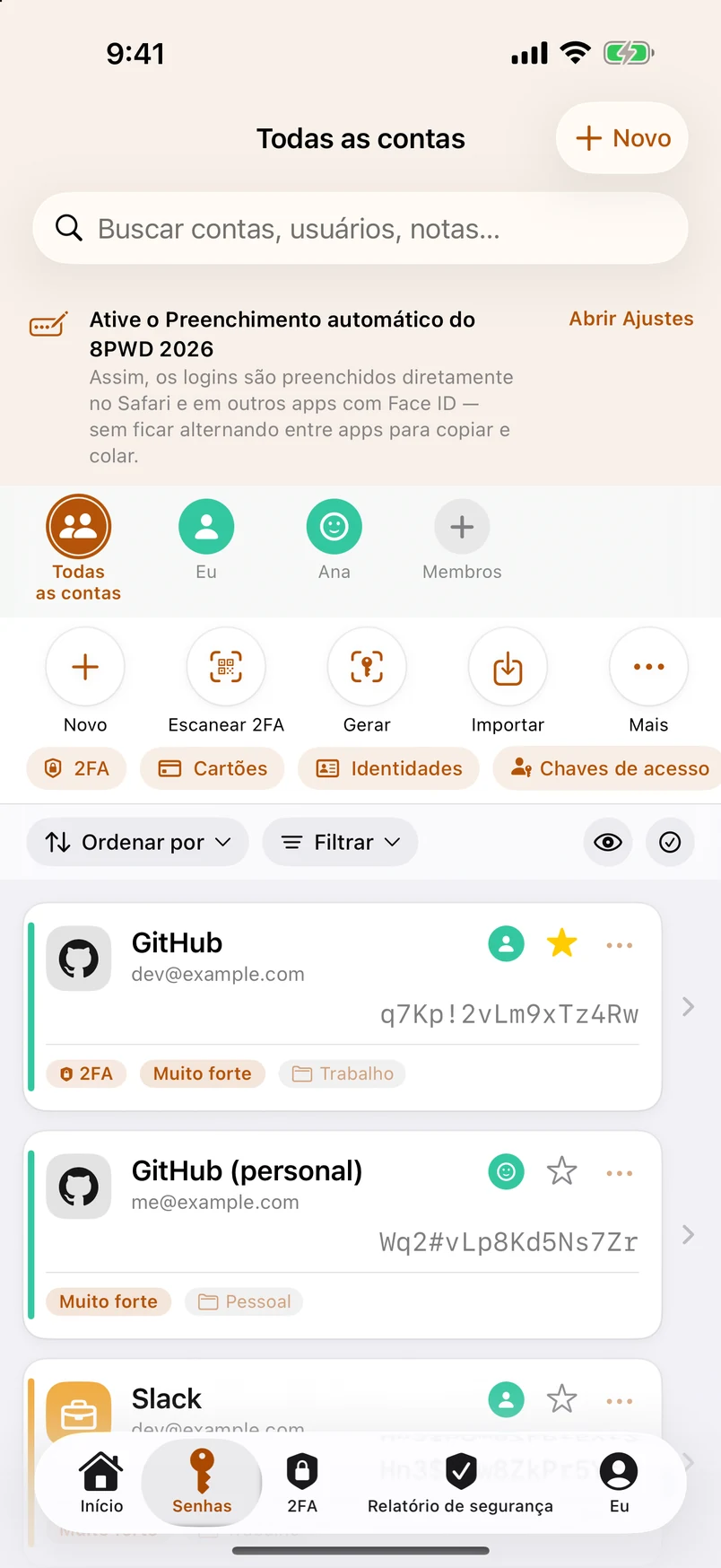 A lista: ícones de marcas, força, selo de dois fatores