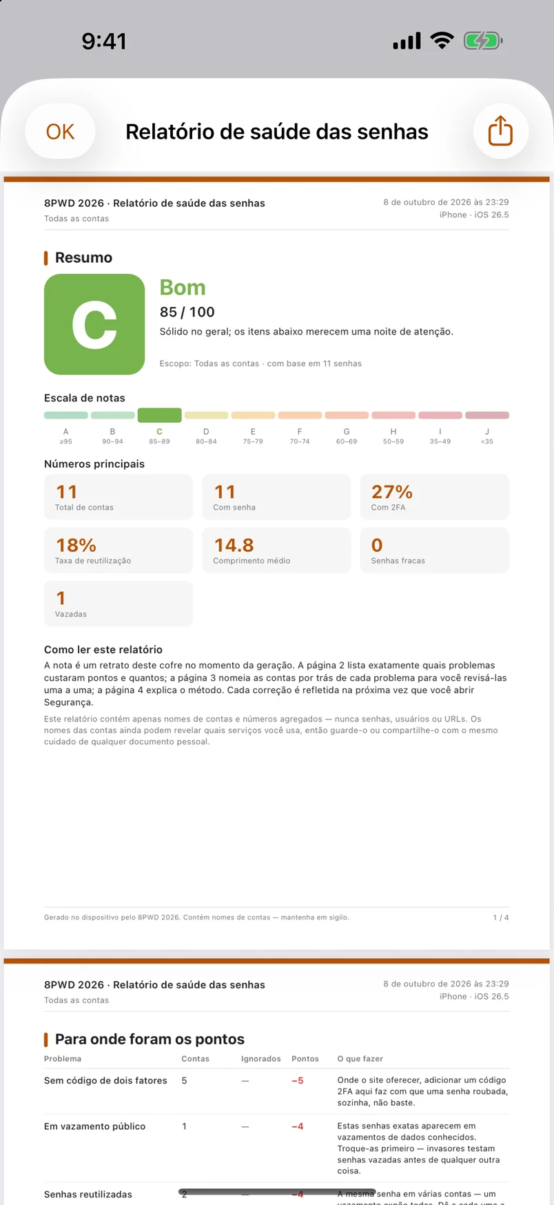 O relatório de estatísticas de senhas em PDF, de quatro páginas