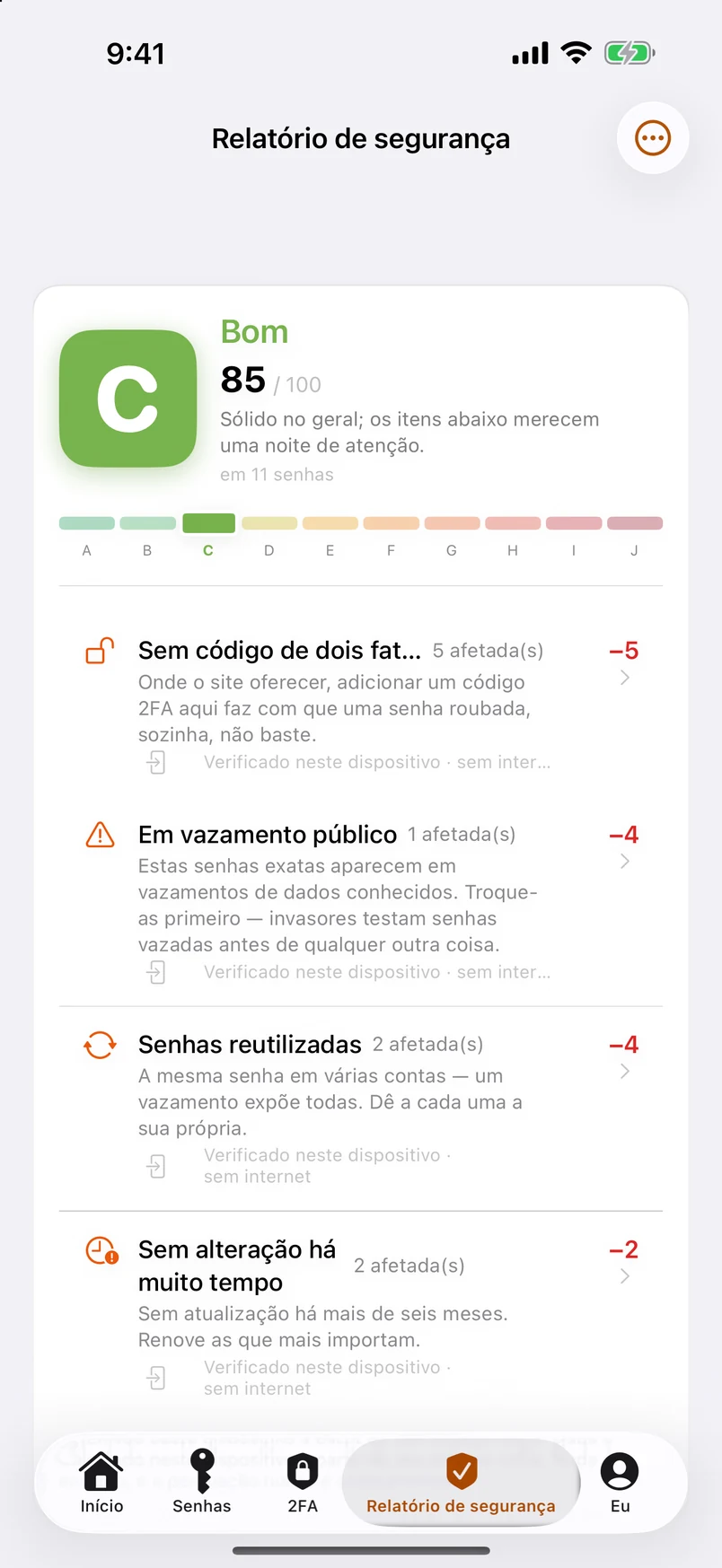 Relatório de segurança: nota de A a J, com cada dedução listada