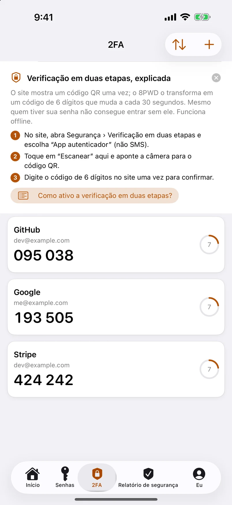 Códigos de dois fatores, gerados no dispositivo