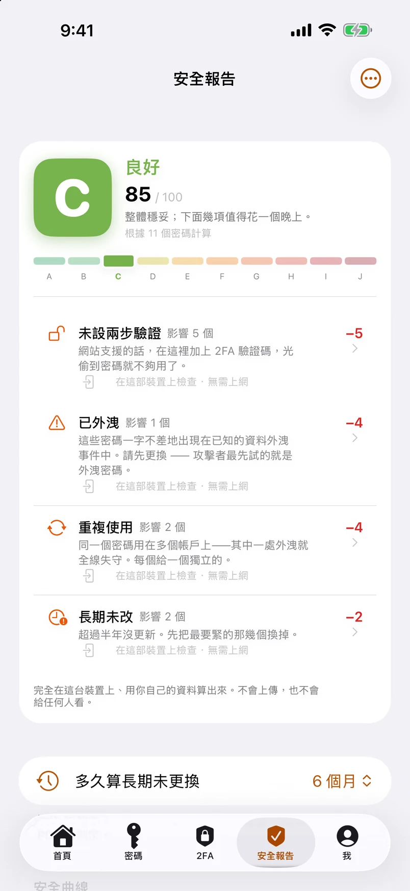 安全報告：A–J 等級，逐項列出扣在哪裡