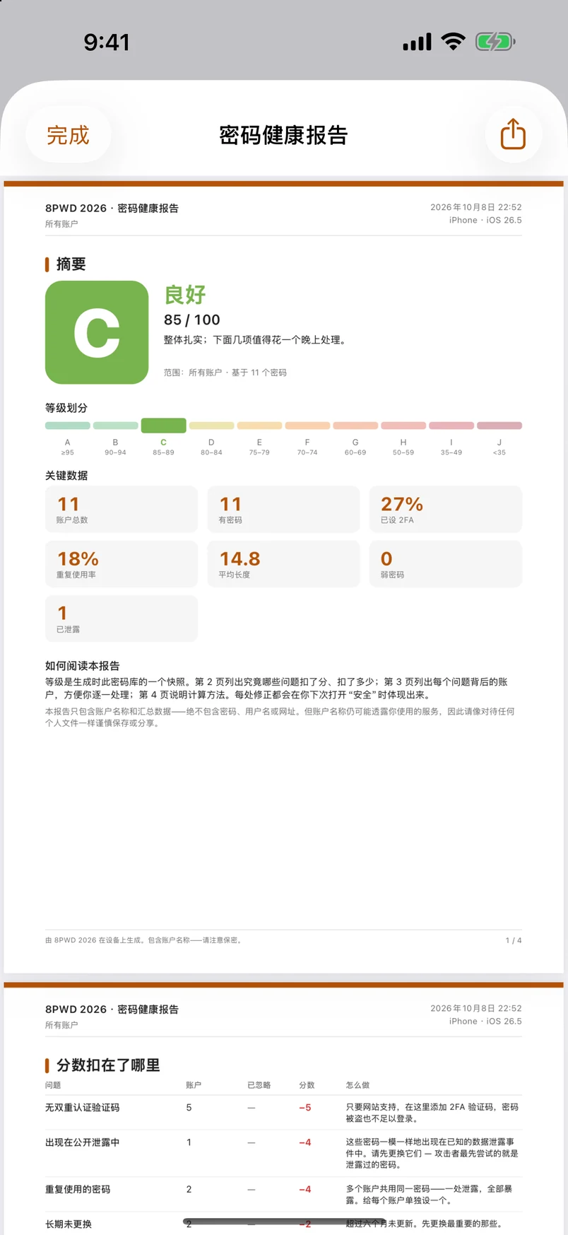 四页的 PDF 密码统计报告