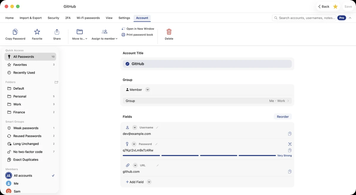 Mac: an account in the inspector